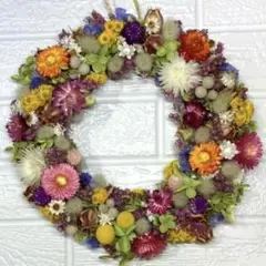 カラフル　ドライフラワー リース　玄関リース　ハンドメイド　匿名配送