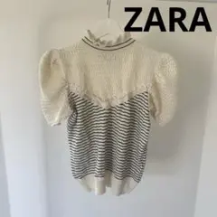 ZARA ボーダー　半袖ニットトップス パフスリーブ　 S アイボリー/ブラック