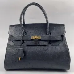 【美品】オーストリッチ　ハンドバッグ　オールレザー　南京錠鍵付き　ブラック