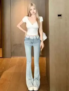 ✭フレアデニムパンツ✭レース付き可愛いデザイン　秋冬