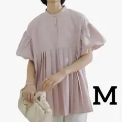 ★ピンク Mサイズ ブラウス 半袖 バルーン袖 プリーツ　体型カバーM