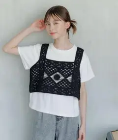 GLOBAL WORK かぎ針ベストセットT半袖