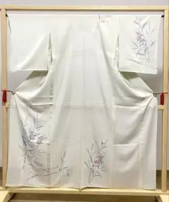 A5 夏物 桔梗と鴛鴦模様 灰黄緑色 正絹 薄物 絽 紗 付下げ 着物