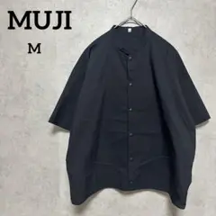 無印良品　シャツ　黒　スナップボタン　ノーカラー　M 無地　ドロップショルダー