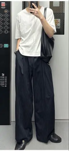 ストライプ ワイドパンツ ネイビー