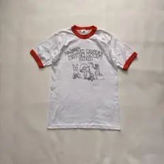 【リンガーＴシャツ】ビックプリント　白　オレンジ　Sサイズ　海外古着