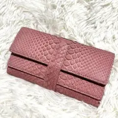 美品 三宝 ダイヤモンドパイソン 長財布 ピンク 本革 ヘビ革 多収納