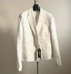 【未使用タグ付き】INED 麻×綿×絹　ストライプ　ダブルジャケット　白　9号