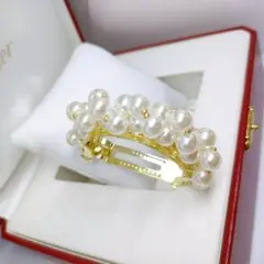 韓国アクセサリーイエローゴールド色 ホワイトパールバレッタ 小ぶり髪留め 新品