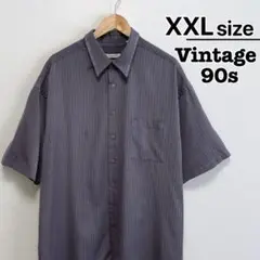 USA古着　90s　半袖シャツ　XXL　グレー　ストライプ柄　ポリエステル　輸入