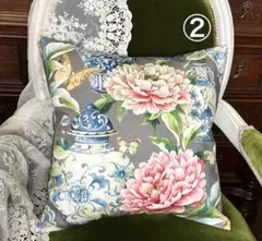 スペイン製生地 大輪の花と陶器柄　シノワズリ　クッションカバー② 45×45㎝用
