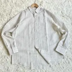 未使級✨パパス 長袖シャツ 麻絹 ストライプ ベージュ×ネイビー ロゴ入りボタン