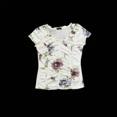 カットソー 花柄 フレンチスリーブ シャーリング トップス 未着用に近い 美品