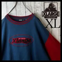【希少】エクストララージ パイルロゴ XL ネイビー ボルドー リンガーネック