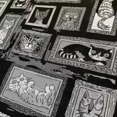 j6-k▼160×50cm▼ジャガード生地▼ネコ　猫柄　レトロ　ブラック