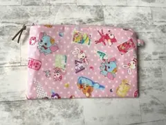 4 ハンドメイドフラットポーチ☆はいから横丁横町☆昭和レトロアニマルドリンク柄