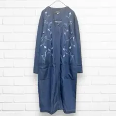 糸重物産✨ワンピース　ロングシャツ　チュニック 花柄刺繍　綿100% ネイビー
