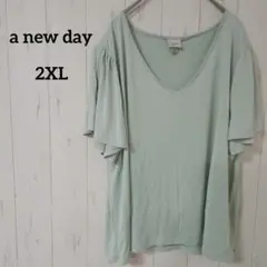 a new day【2XL】 Vネックフレア袖Tシャツミントグリーン系カジュアル