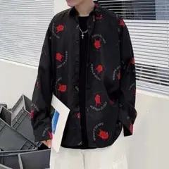 L 長袖 メンズ 【限定】ブラック プリント シャツ 個性的 カジュアル