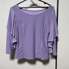 パープル フリル付き長袖トップス