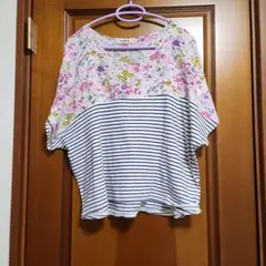 花柄ボーダー ドルマンTシャツ
