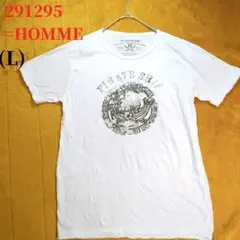 291295=HOMME (L) オム シワ加工プリントTシャツ 白