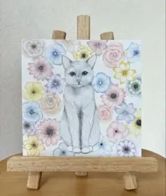 花とねこの小さなアート　手描き原画　油彩色鉛筆画