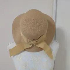 新品 Fint＆アンジェラス 麦わら帽子 ベージュ 黄色リボン付き