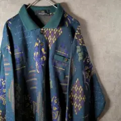 【古着】 長袖 ポロニット 総柄 レトロ リンガーデザイン L マルチカラー