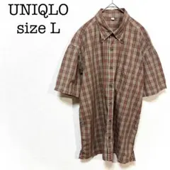 ユニクロ 半袖シャツ　ベージュ　オレンジ　チェック　L　ボタンダウン