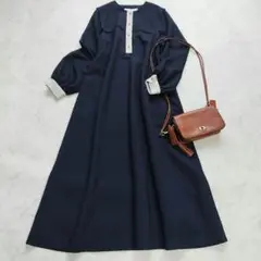 極美品　シップスエニィ　ダブルクロス ヨークカラー ワンピース　ネイビー