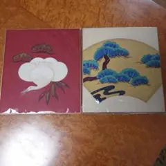 ハンドメイド 手芸品 押絵 押し絵 色紙 季節飾り 福飾り 鶴 松 2枚セット①