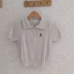 アイボリー リブ編み ジッパーポロシャツ