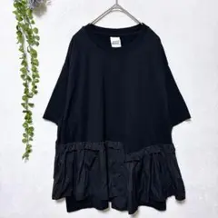 G2026ブイ✤良品✤半袖カットソー Tシャツ黒M〜L相当 異素材切替 長め丈