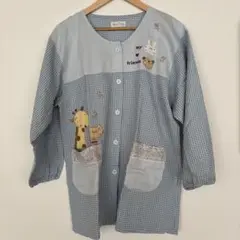 エプロン　スモック 水色チェック 動物柄