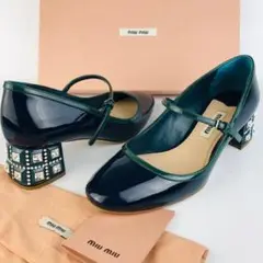 美品★miumiu・パテントレザー ストーンビジューストラップ パンプス(34)