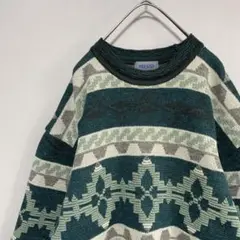 【希少】KENZO アルパカ混 ネイティブ柄 グリーン系 ニット Lサイズ 古着