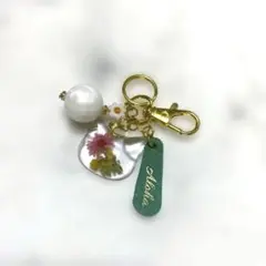 猫フェイス 花(押し花)シリコンビーズ 透明レジン レザータグチャーム