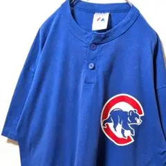 マジェスティックMLBシカゴカブス ハーフボタン Tシャツ ブルー青XL古着
