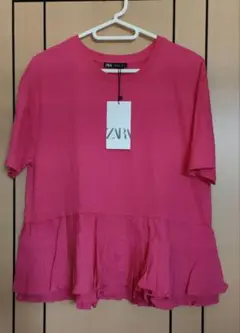 ZARA ピンク 半袖 Tシャツ プリーツ加工ヘムTシャツ　Tシャツ