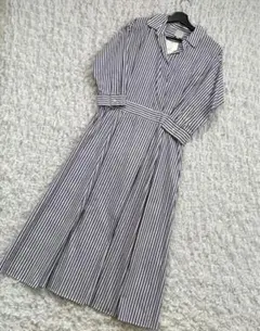 【EMMAJAMES】エマジェイムス　ラップ調シャツワンピース　ストライプＬ