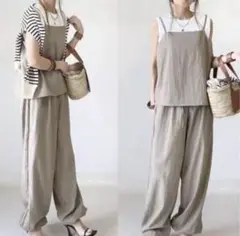 ベージュ セットアップ トップス ワイドパンツ 楽チン かわいい