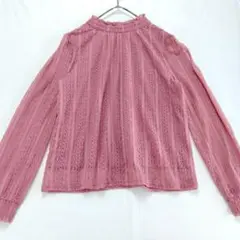 a885【美品】コルザ　袖シアー　レースブラウス　M　ピンク系　裏地付き