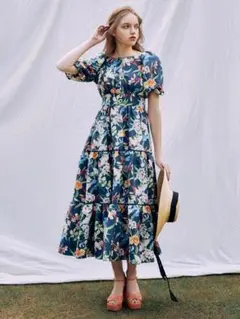 eimy Rebecca flower ギャザーロングワンピース ネイビー