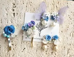セール♪シフォン蝶々ピアス&薔薇のポニーフックセット