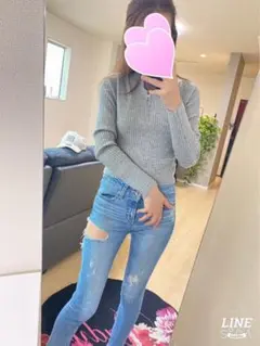 リブ♡ハーフアップZipトップス/グレー