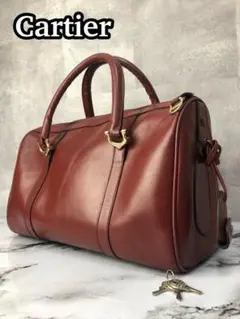 美品 カルティエ ボストンバッグ マストライン C金具 鍵付き レザー ボルドー