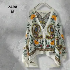 ZARA 刺繍入りカーディガン エンブロイダリー 羽織 個性的 マルチカラー M