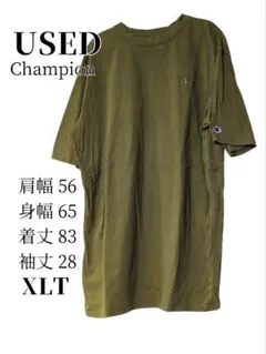 USED Champion オリーブ 袖胸ワンポイントTシャツ XLTサイズ