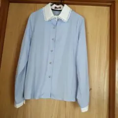 水色 長袖シャツ レース襟